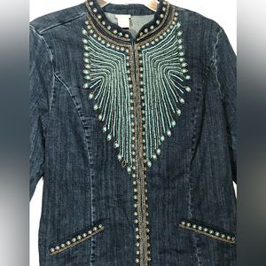 Vintage Chico's 2Limited Edition turquoise Beaded Jean Jacket EUC W Lrge Jean